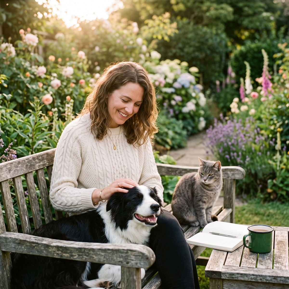 Woman on a garden bench with her border collie and grey cat at golden hour