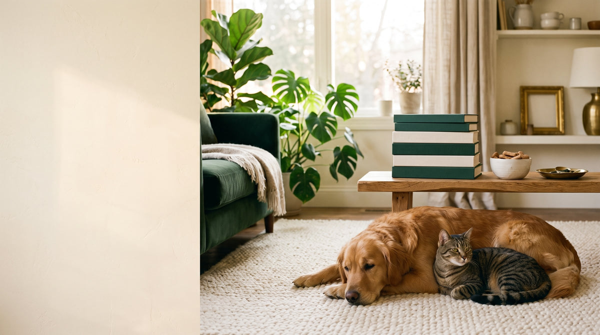 Golden retriever and tabby cat relaxing beside books in a cosy cream and green living room