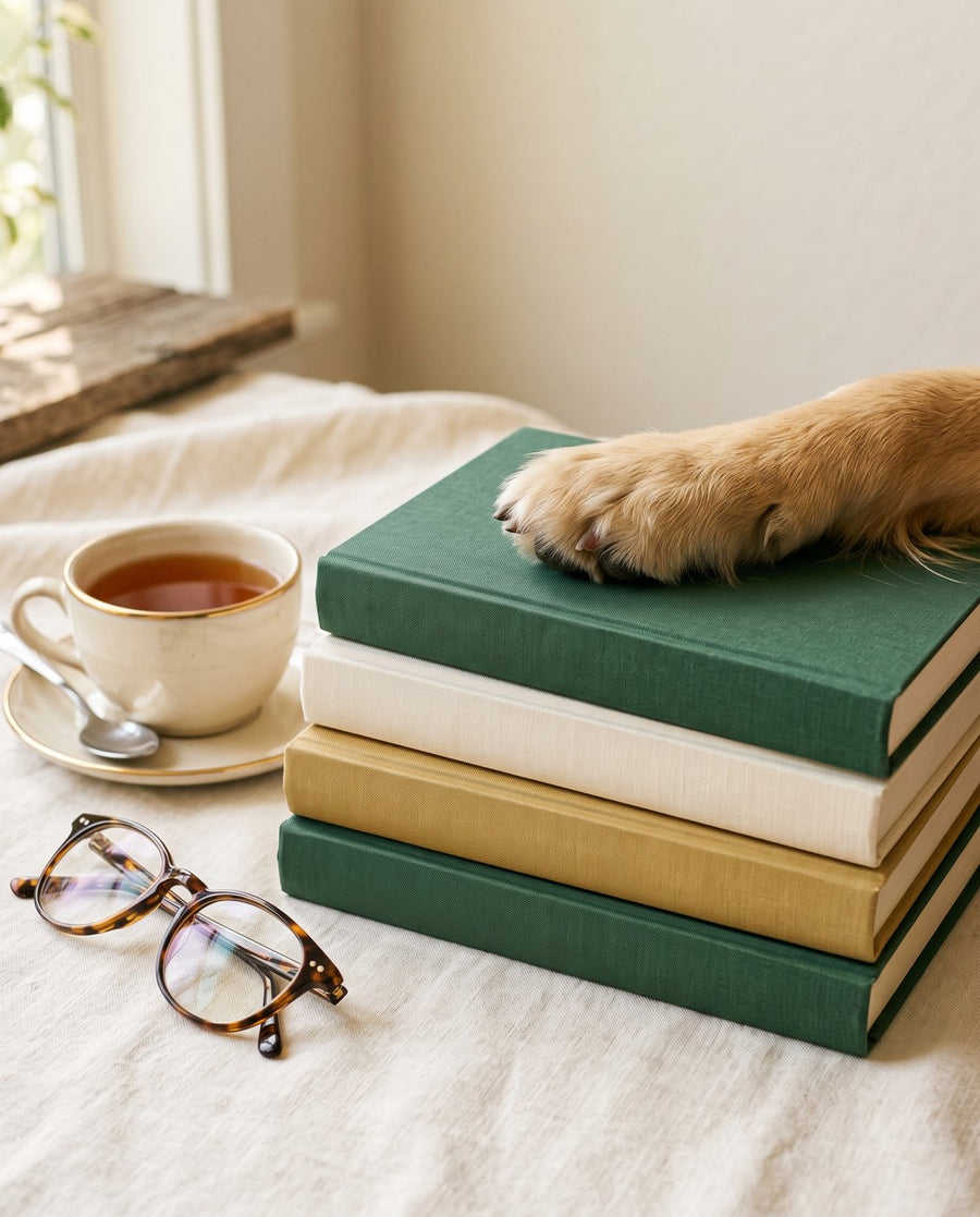 Stack of green and cream books with a dog paw resting on top