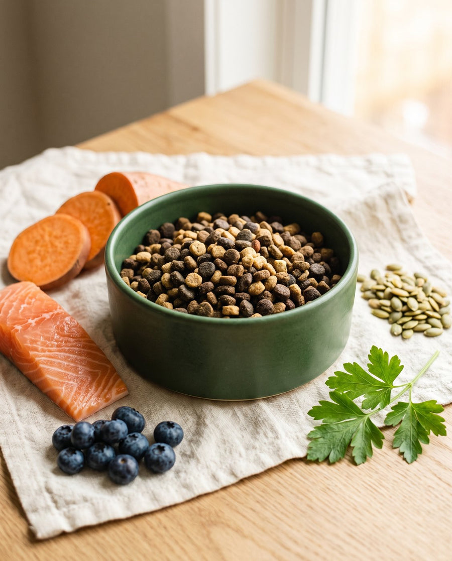 Bowl of natural pet food with salmon, sweet potato and blueberries
