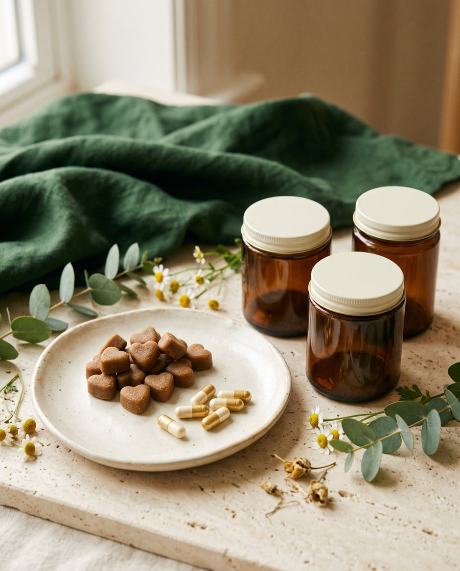 Amber jars of pet supplements with soft chews and eucalyptus