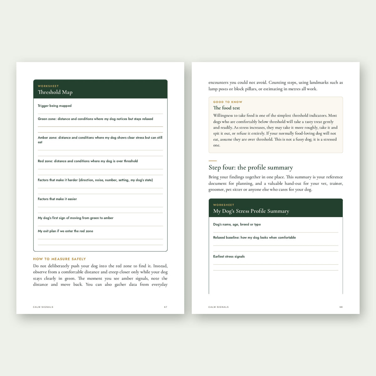 Calm Signals printable worksheets: threshold map and stress profile summary