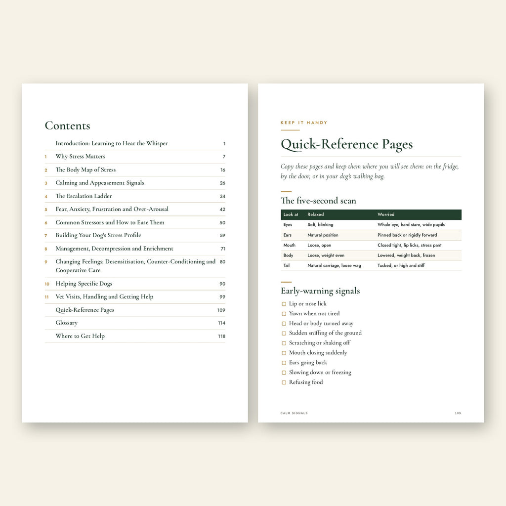 Calm Signals contents page and quick-reference pages