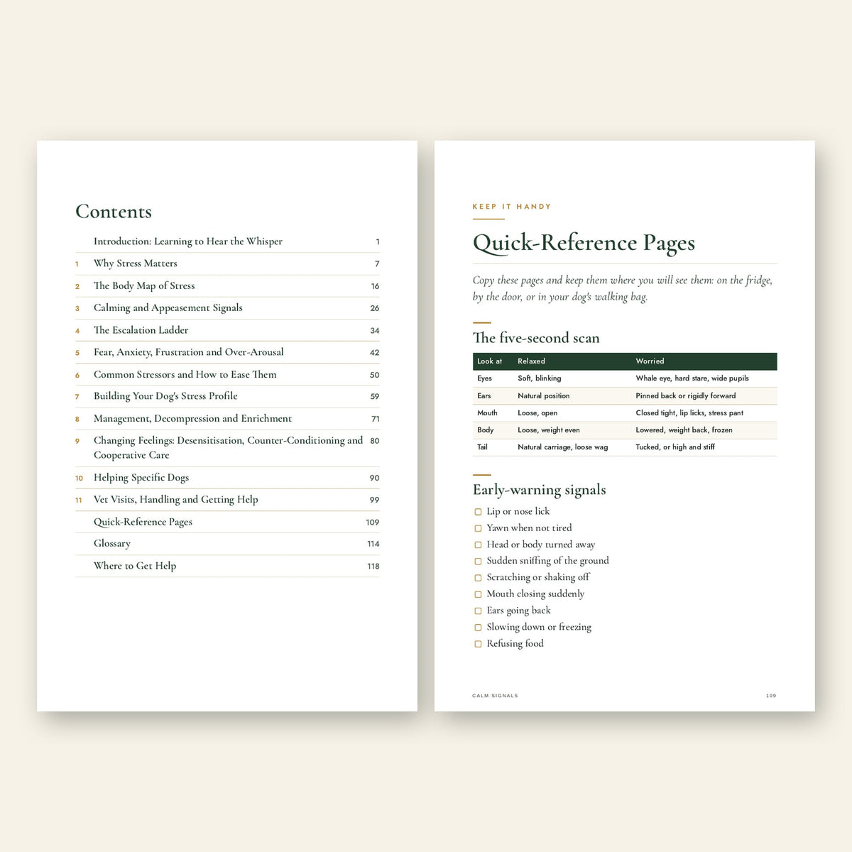 Calm Signals contents page and quick-reference pages