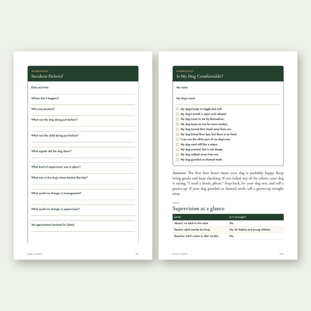 Kids & Dogs printable worksheets: incident debrief and kid-friendly quiz