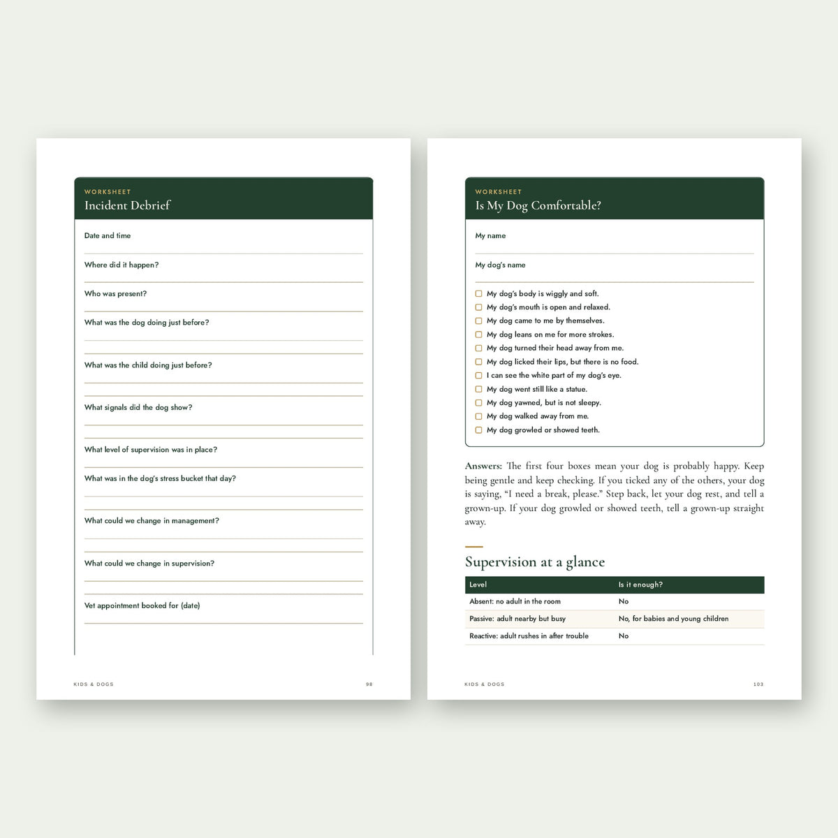 Kids & Dogs printable worksheets: incident debrief and kid-friendly quiz