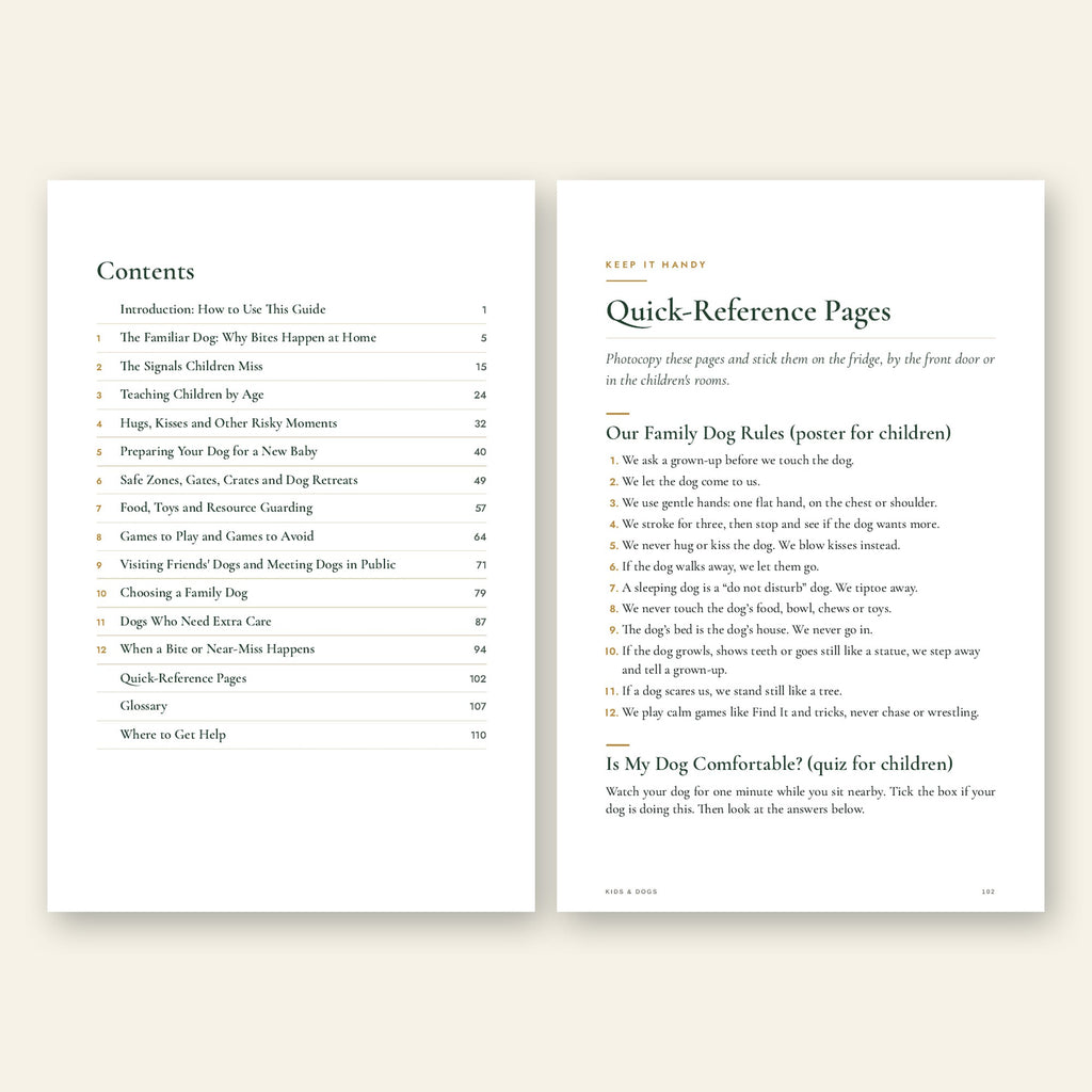 Kids & Dogs contents page and quick-reference family dog rules