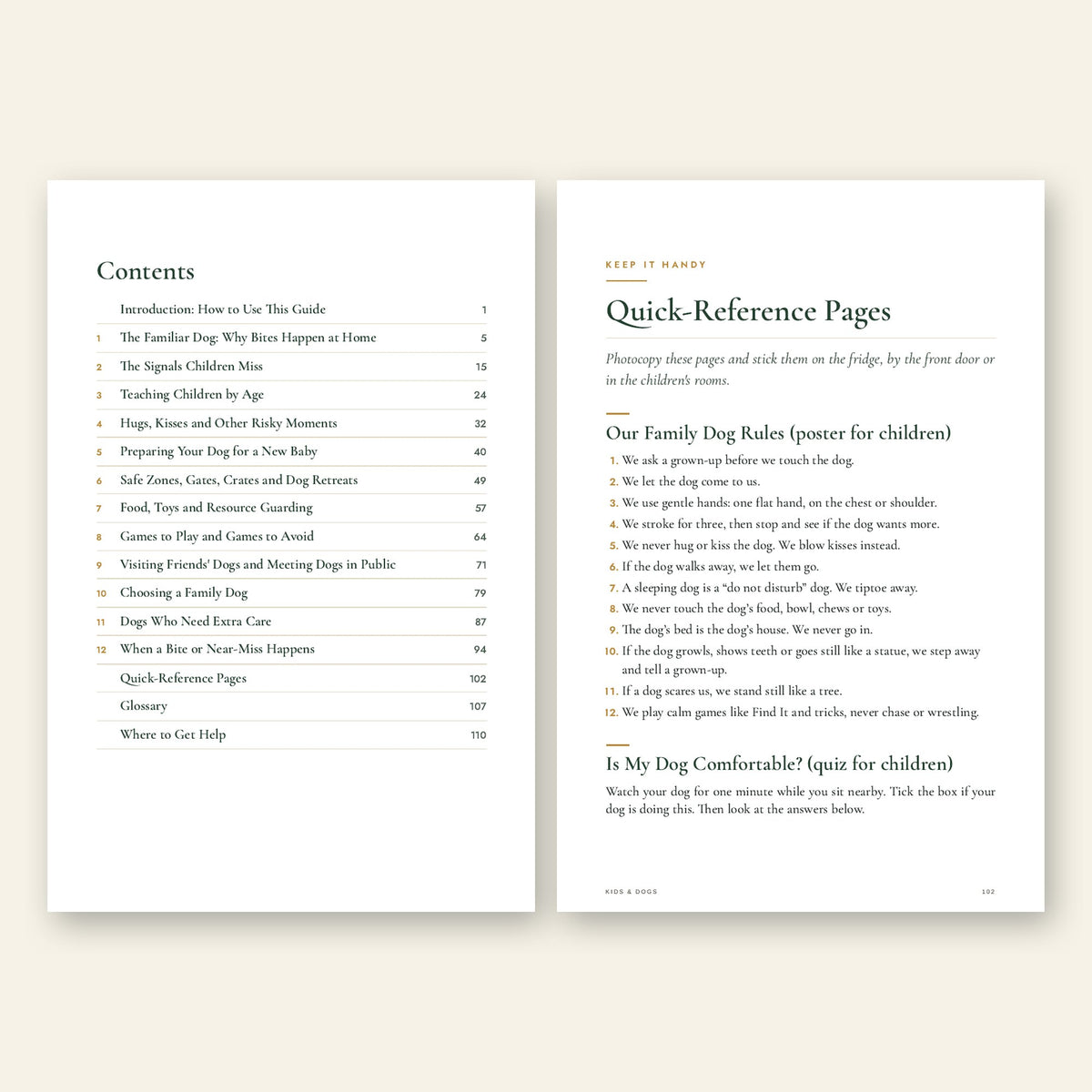 Kids & Dogs contents page and quick-reference family dog rules