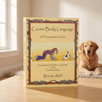 Canine Body Language paperback by Brenda Aloff on an oak table with a golden retriever