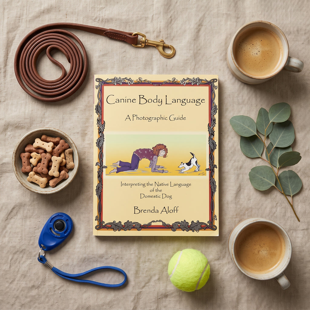 Canine Body Language book flat lay with leash, dog treats and training clicker