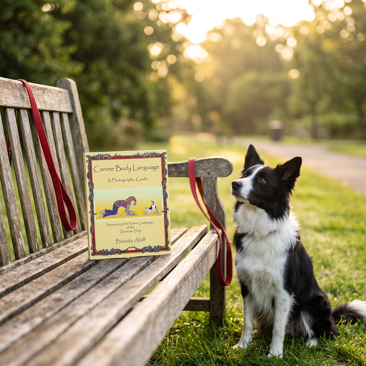 Canine Body Language book on a park bench with an attentive border collie