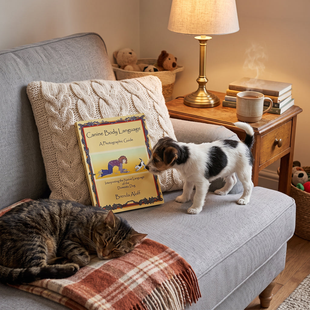 Canine Body Language book on a cosy sofa with a curious puppy and a sleeping cat
