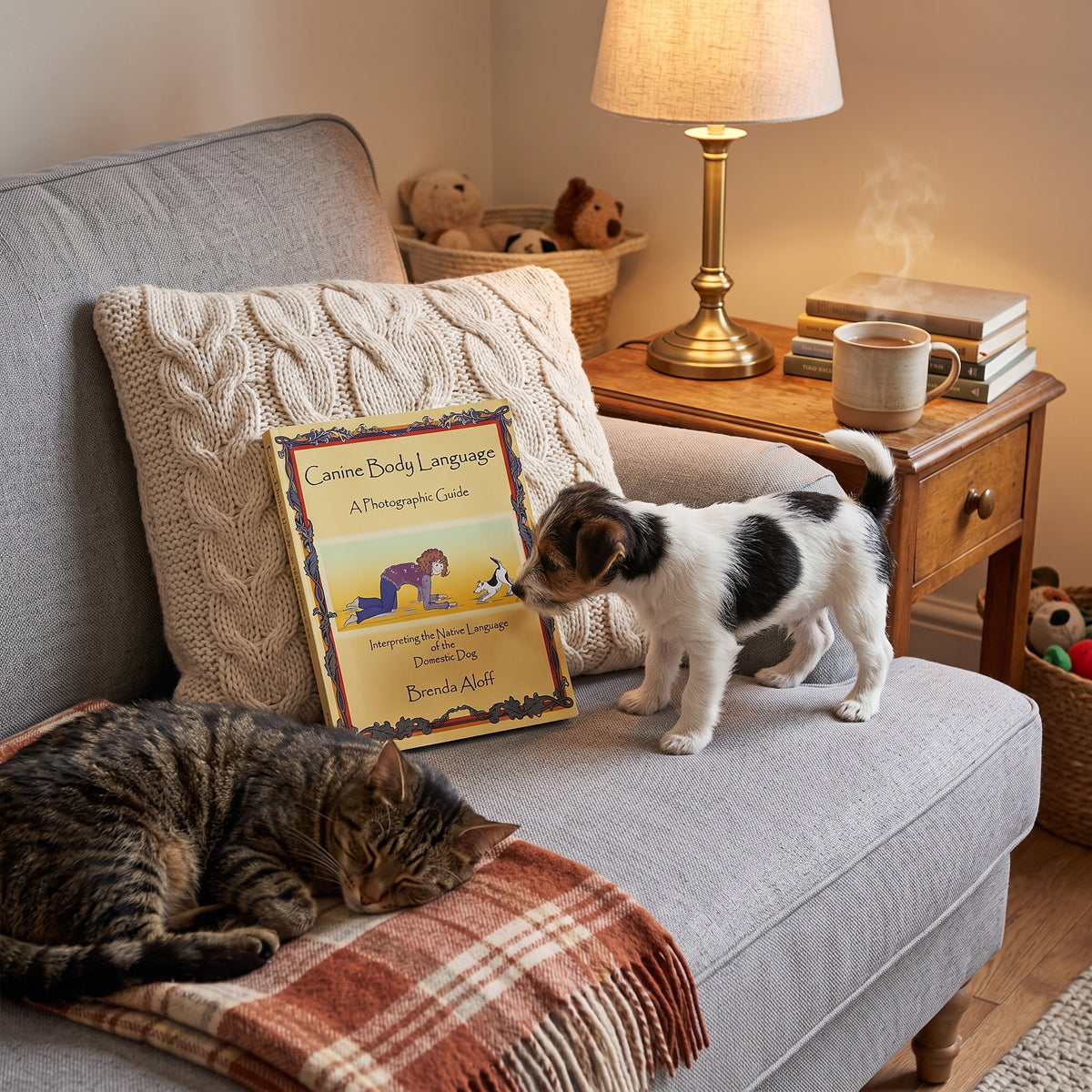 Canine Body Language book on a cosy sofa with a curious puppy and a sleeping cat