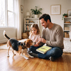 Father with Canine Body Language book on his lap guiding his daughter to greet a beagle
