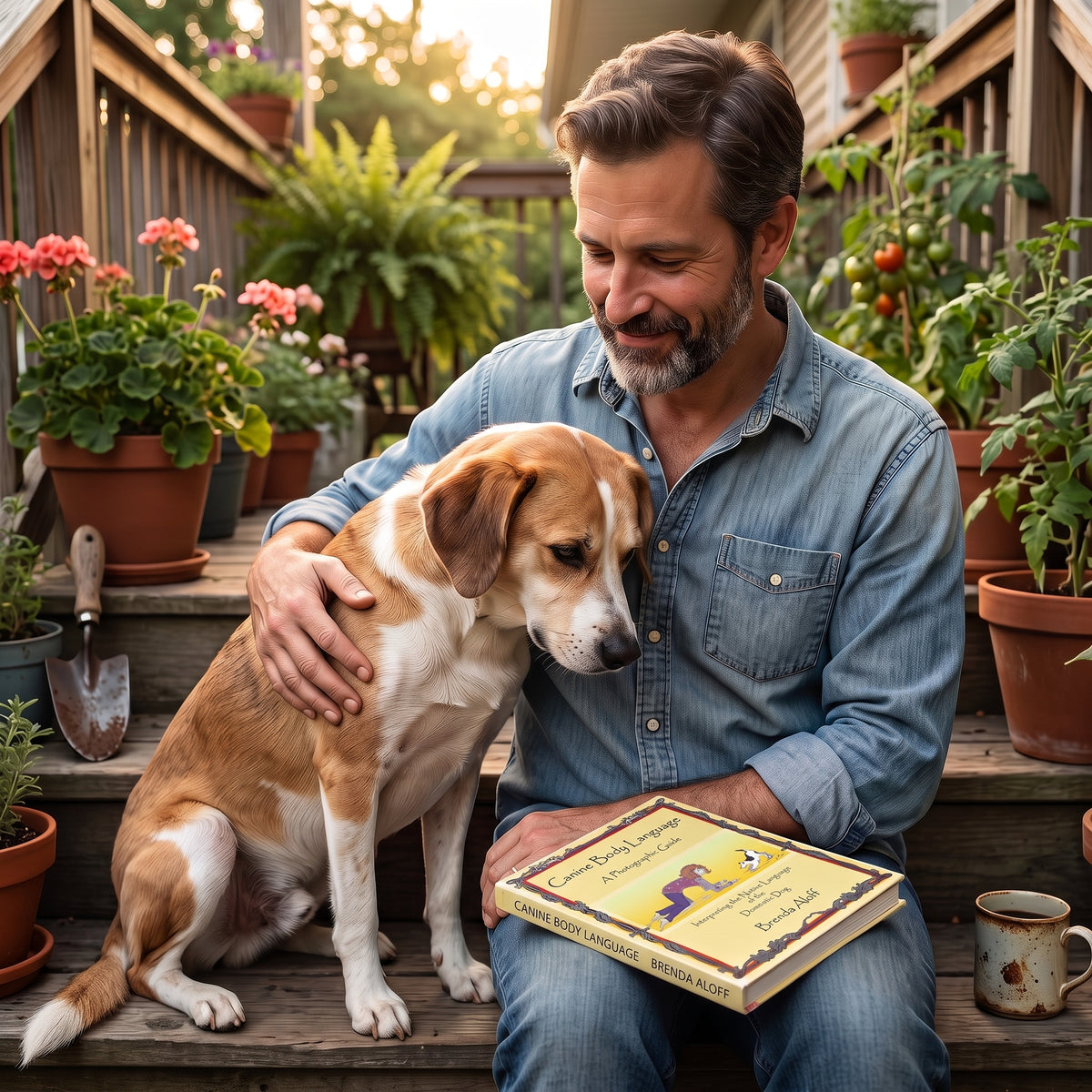 Owner with Canine Body Language book bonding with a calm rescue dog on the porch