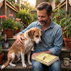 Owner with Canine Body Language book bonding with a calm rescue dog on the porch