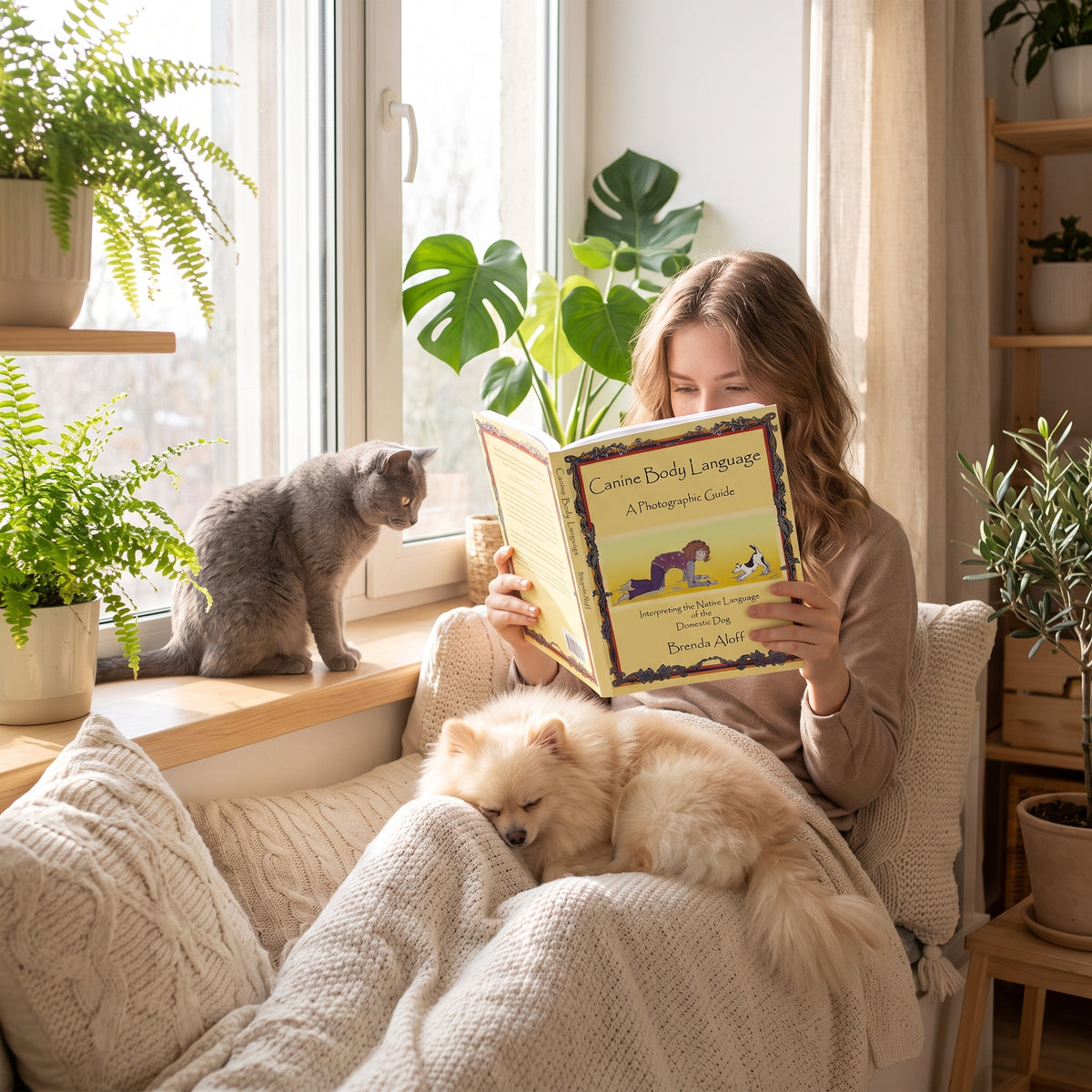 Woman reading Canine Body Language with a Pomeranian on her lap and a cat by the window